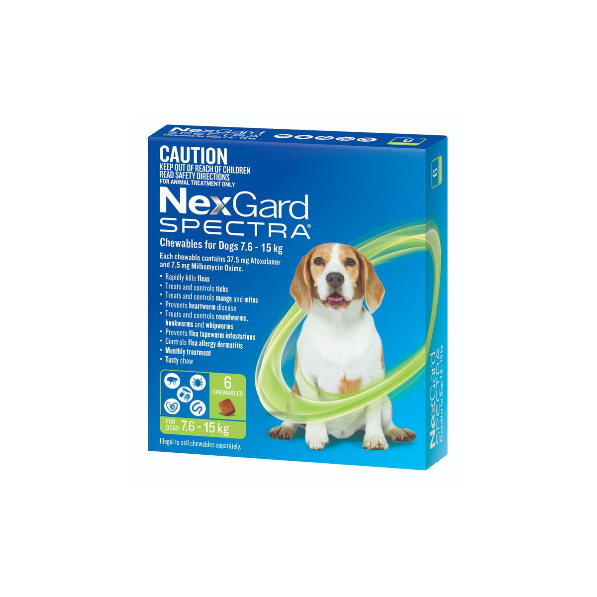 NexGard Spectra Chewables for Medium Dogs 16.6-33 lbs 7.6-15 kg - Green – front of pack – front of pack