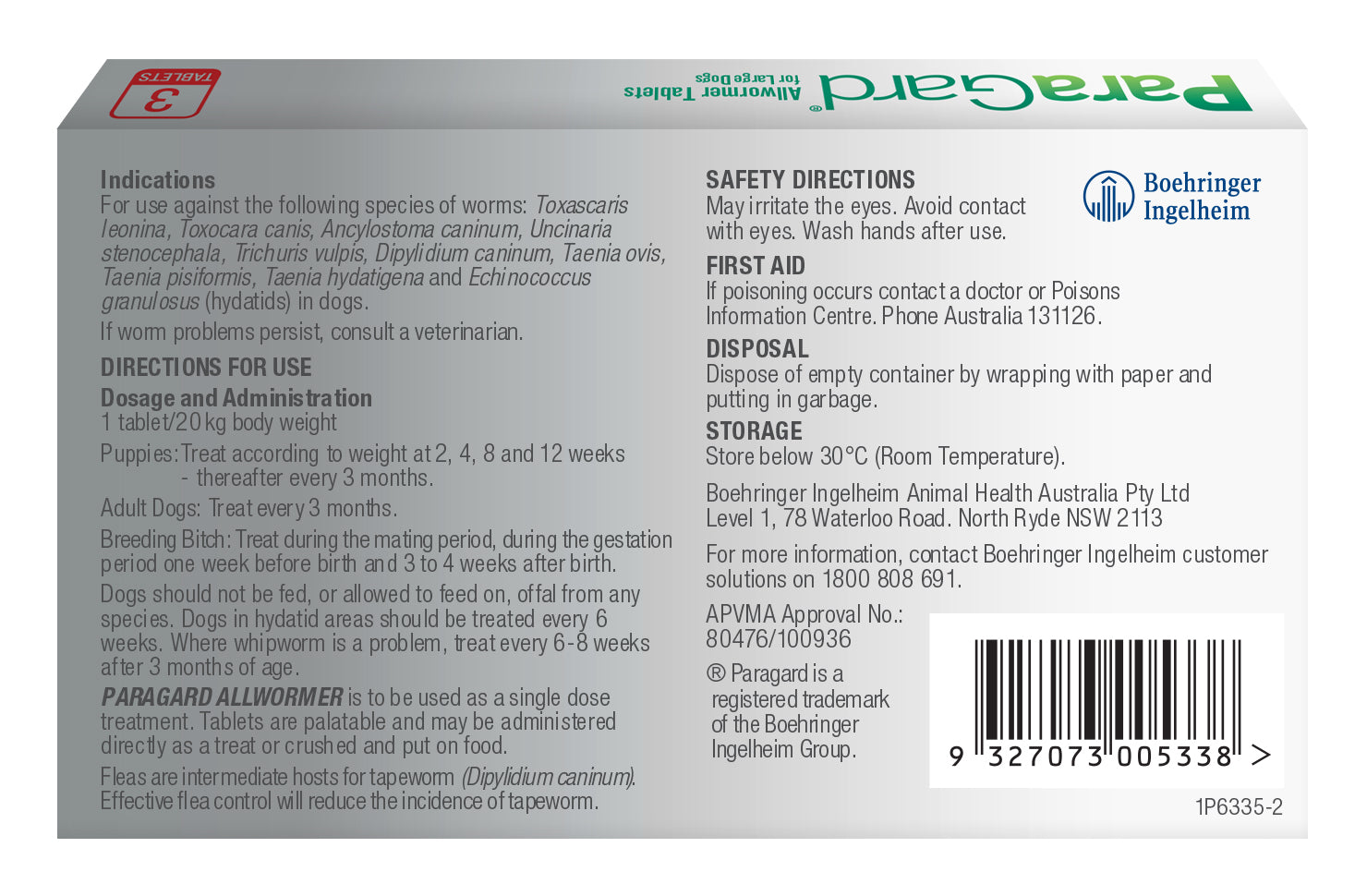 ParaGard Allwormer Dog Large 3-pack, white box with red and green branding, safety warnings, and dosage info.