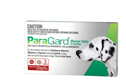 ParaGard Allwormer Tablets for Large Dogs, 3-pack, white box with Dalmatian dog profile.