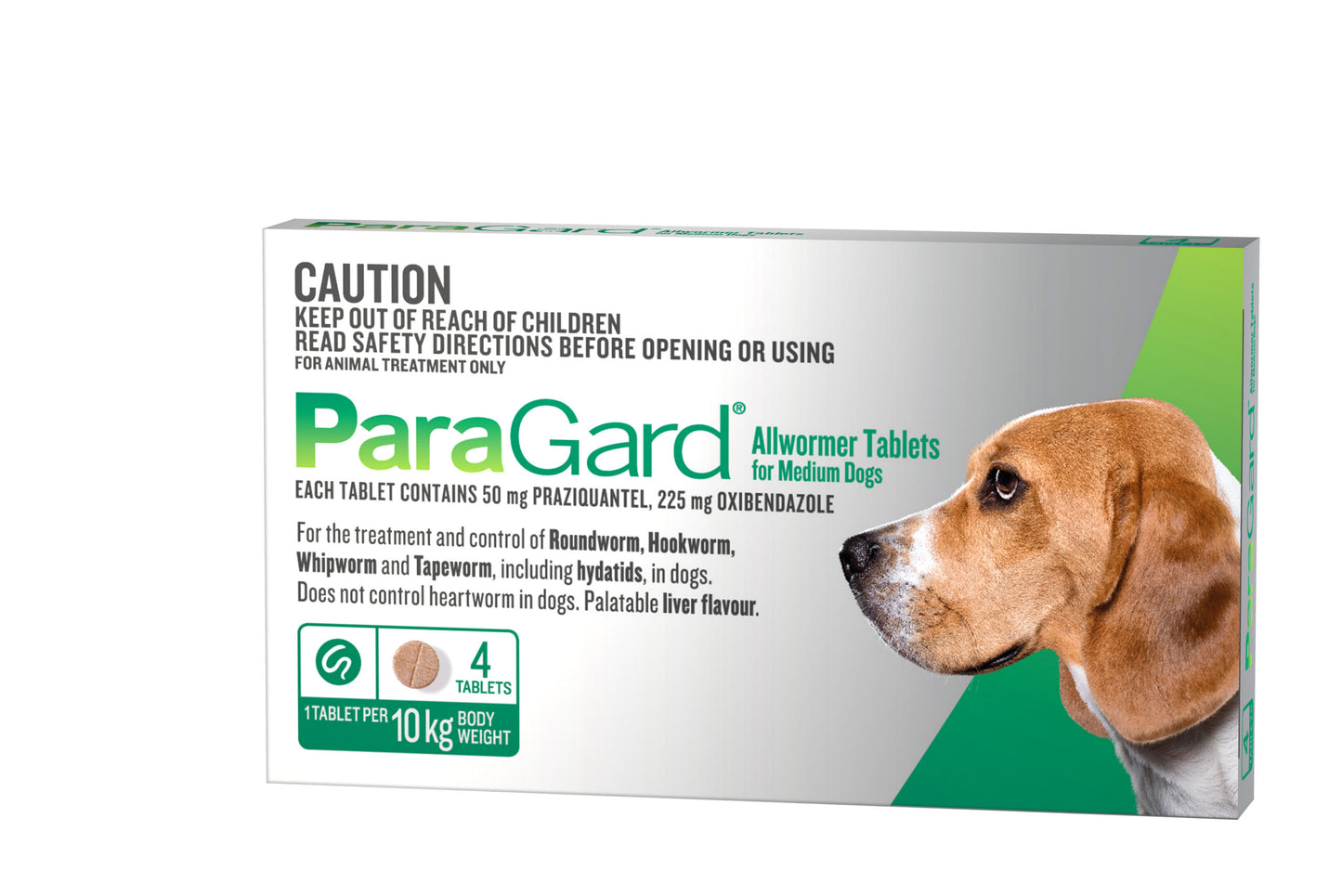 ParaGard Allwormer Tablets for Medium Dogs, green and white box with a beagle illustration.