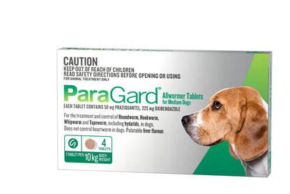 ParaGard Allwormer Tablets for Medium Dogs, green and white box with a beagle illustration.