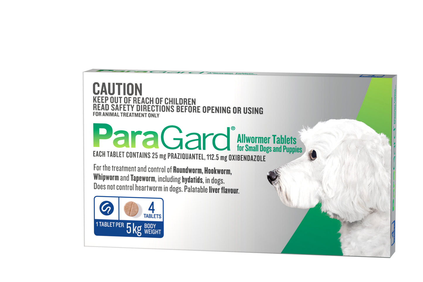 ParaGard Allwormer Tablets for Small Dogs and Puppies, blue and white box with a white dog.