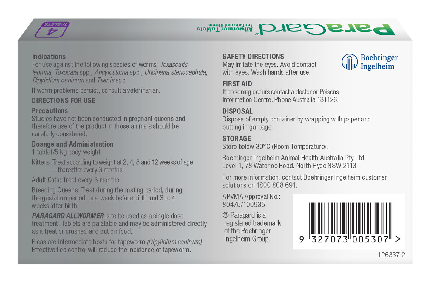 Purple Paragard Allwormer Tablets box for cats up to 11lbs, showing product details and barcode.