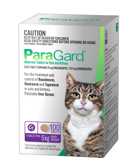 White box of ParaGard Allwormer Tablets for Cats, featuring a tabby cat and "100 Tablets" in purple.
