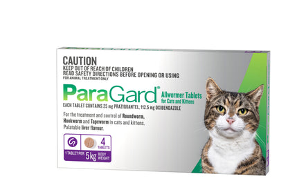 White and green box of Paragard Allwormer Tablets for cats and kittens, featuring a tabby cat.
