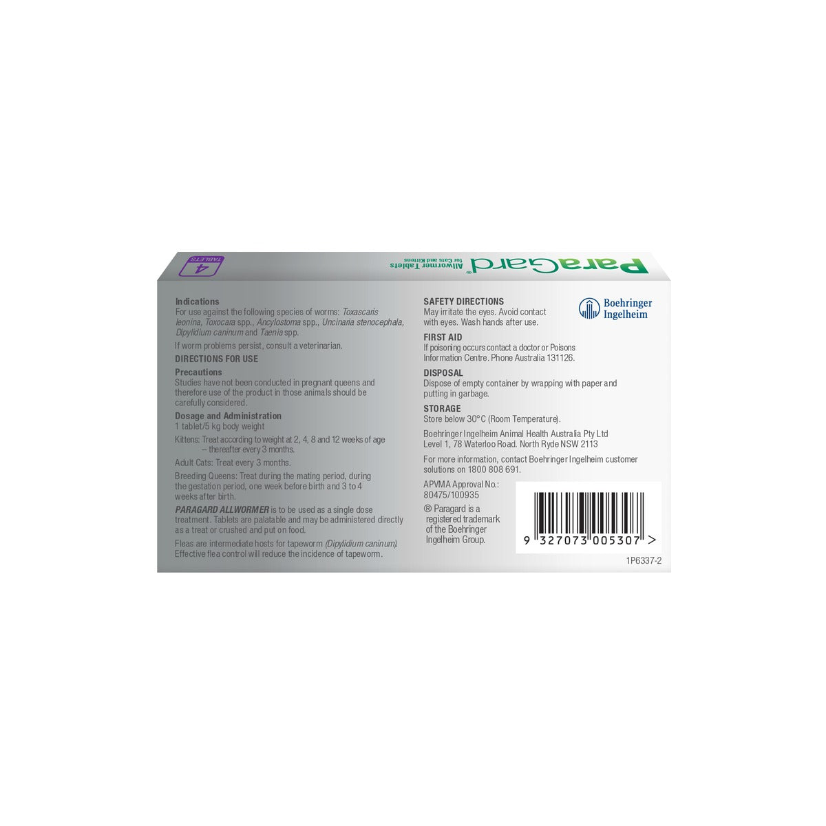 Paragard Allwormer Cats upto 11lbs Purple – back of pack – back of pack