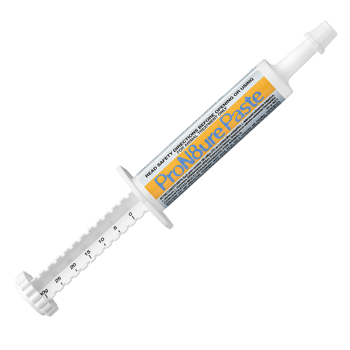 White 30g ProN8ure Paste syringe with orange and blue label, angled view.