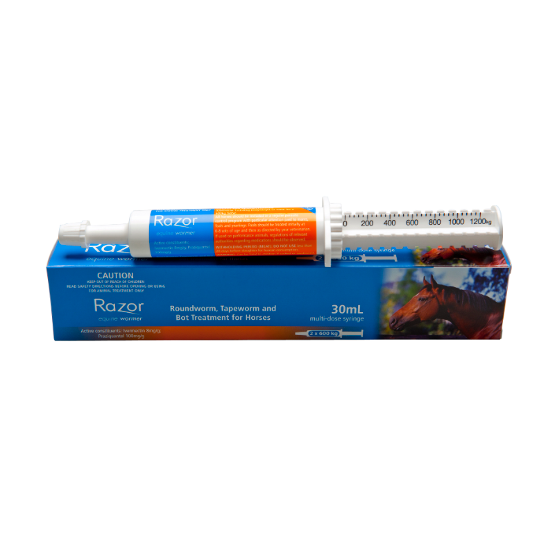 Razor Equine Wormer in a white multi-dose syringe with orange plunger, on a blue box featuring a horse.