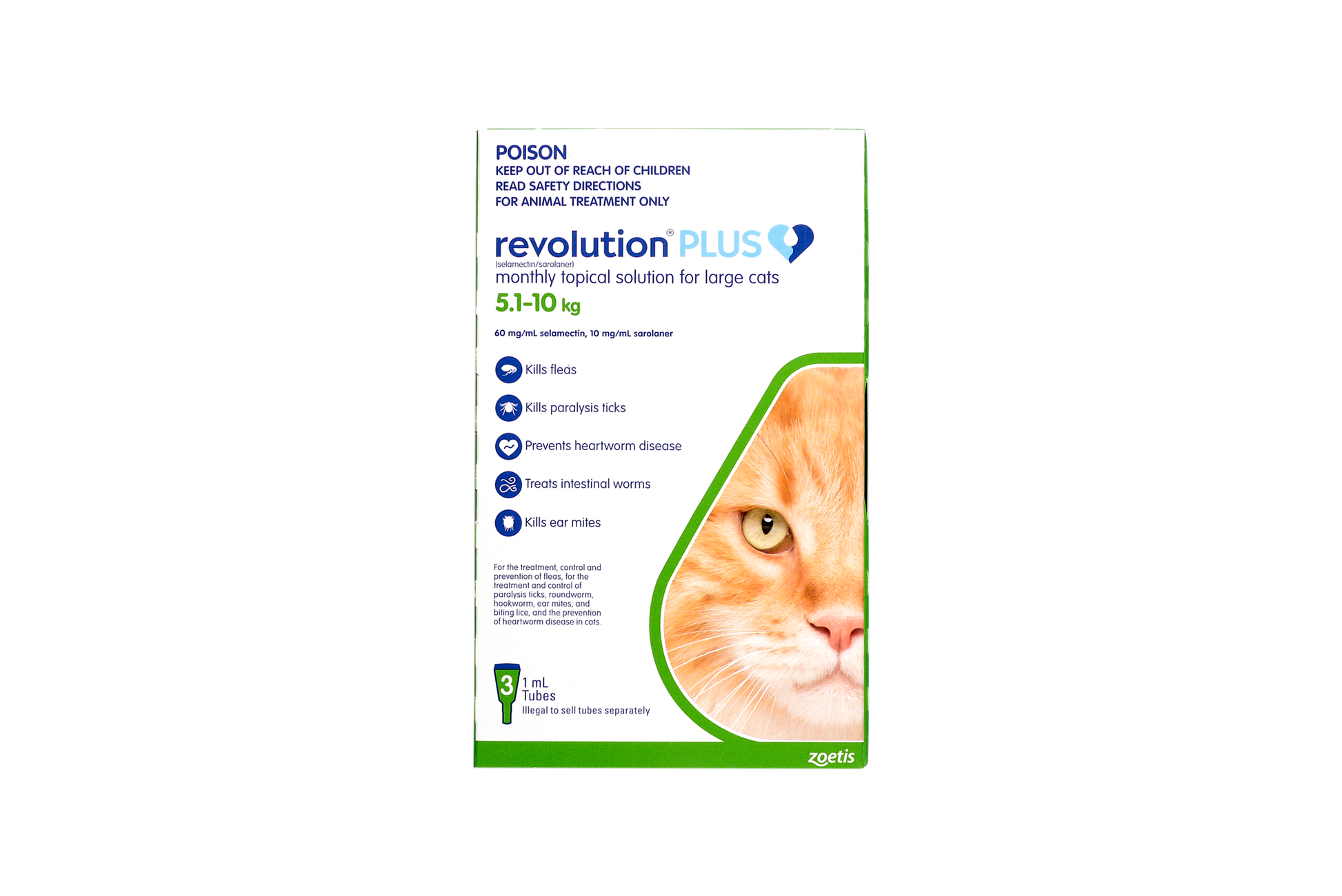 Revolution Plus flea, tick, and worm treatment for large cats 11.1-22 lbs, green pack