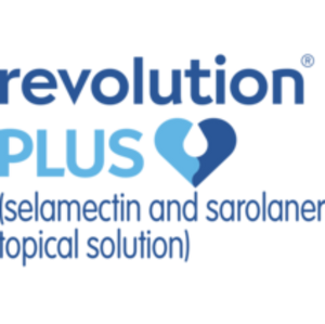 Revolution Plus logo: blue text "revolution PLUS" with a light blue heart icon, and "selamectin and sarolaner topical solution" below.
