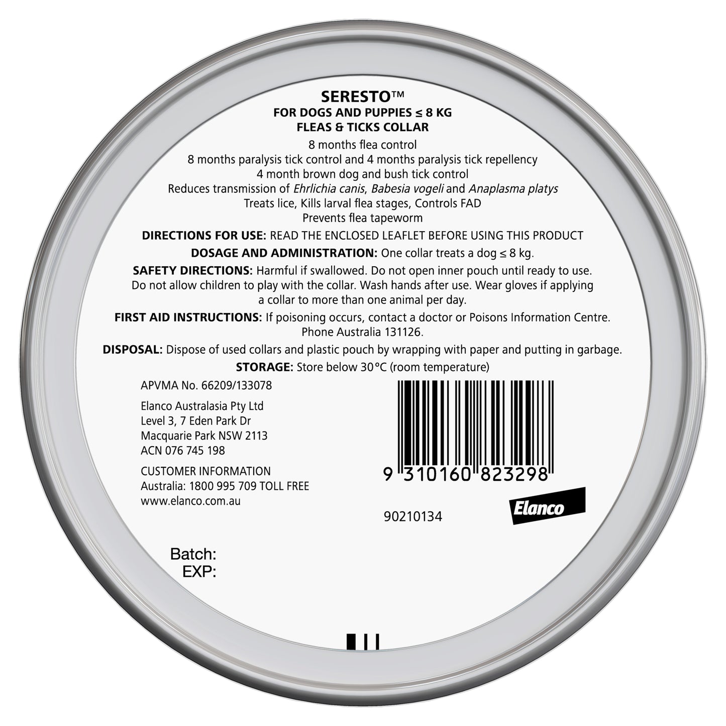 Top view of a silver Seresto Flea & Tick Collar tin for dogs and puppies under 8kg, showing product details and barcode.