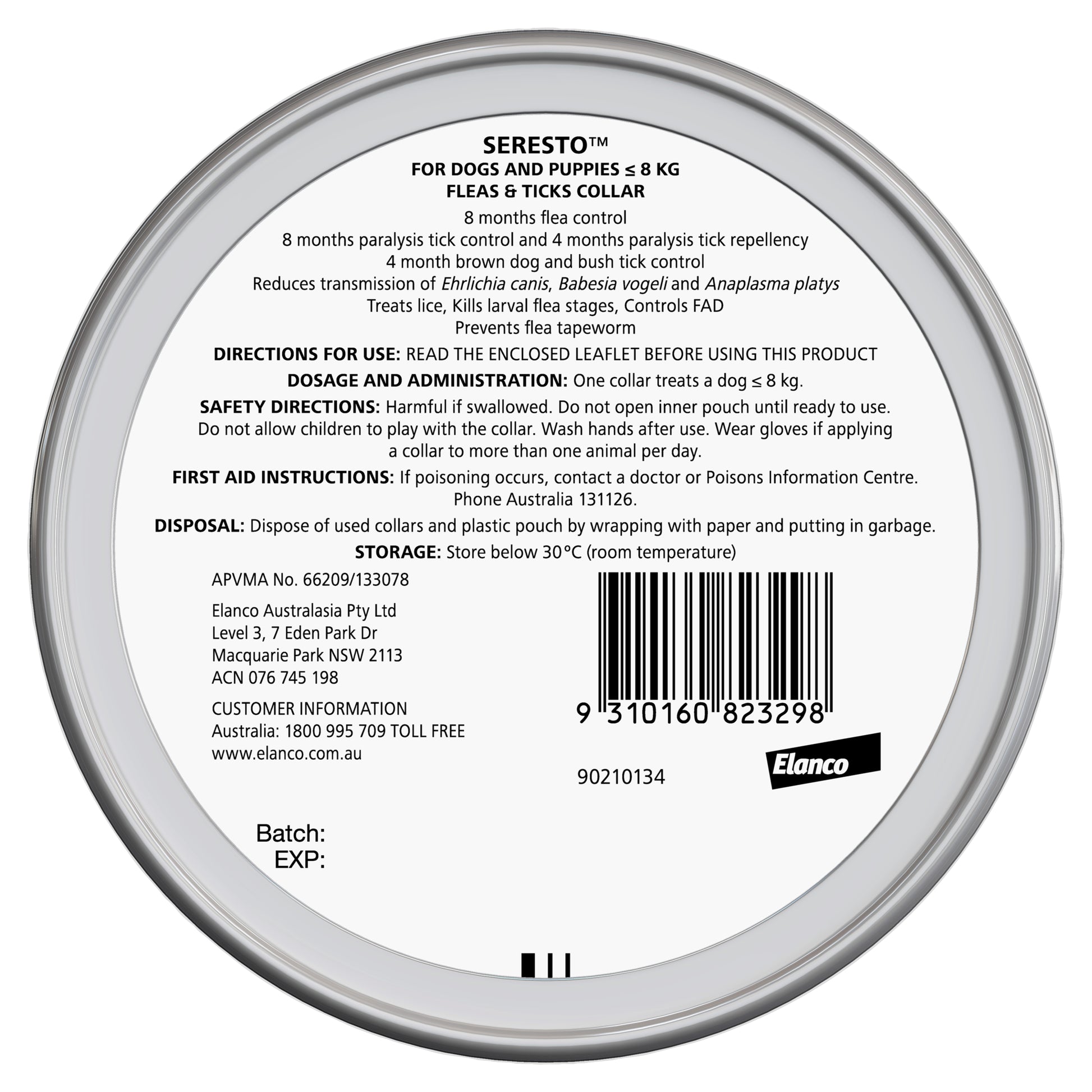 Top view of a silver Seresto Flea & Tick Collar tin for dogs and puppies under 8kg, showing product details and barcode.
