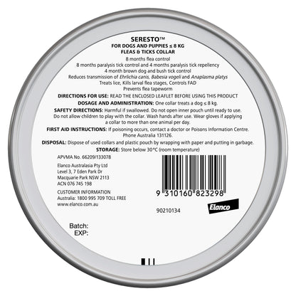 Top view of a silver Seresto Flea & Tick Collar tin for dogs and puppies under 8kg, showing product details and barcode.