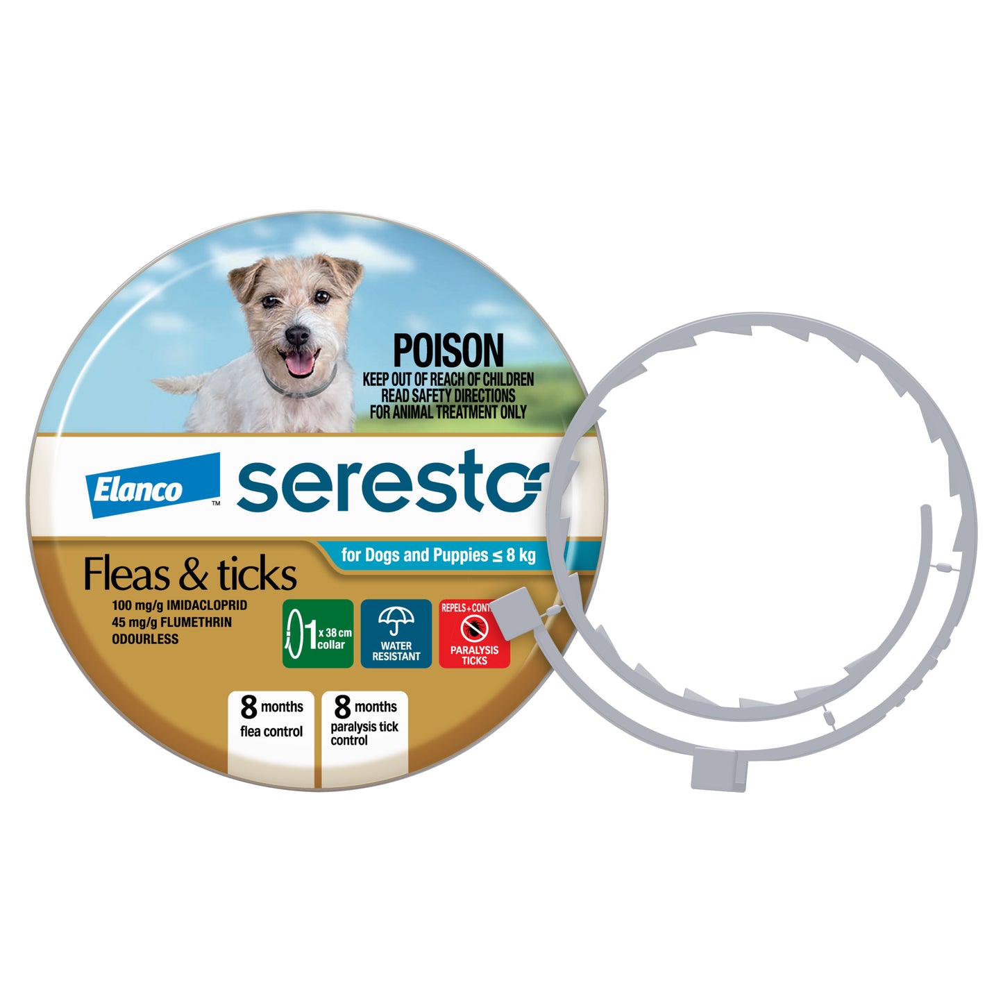 Seresto flea and tick collar for dogs and puppies under 8kg, with blue accents and a white collar.