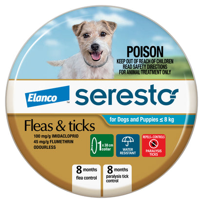 Seresto Flea & Tick Collar for Dogs & Puppies under 8kg, showing product packaging with a terrier.