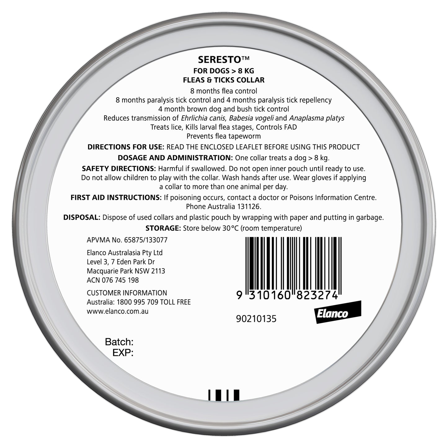 Seresto large dog flea and tick protection collar, back of packaging