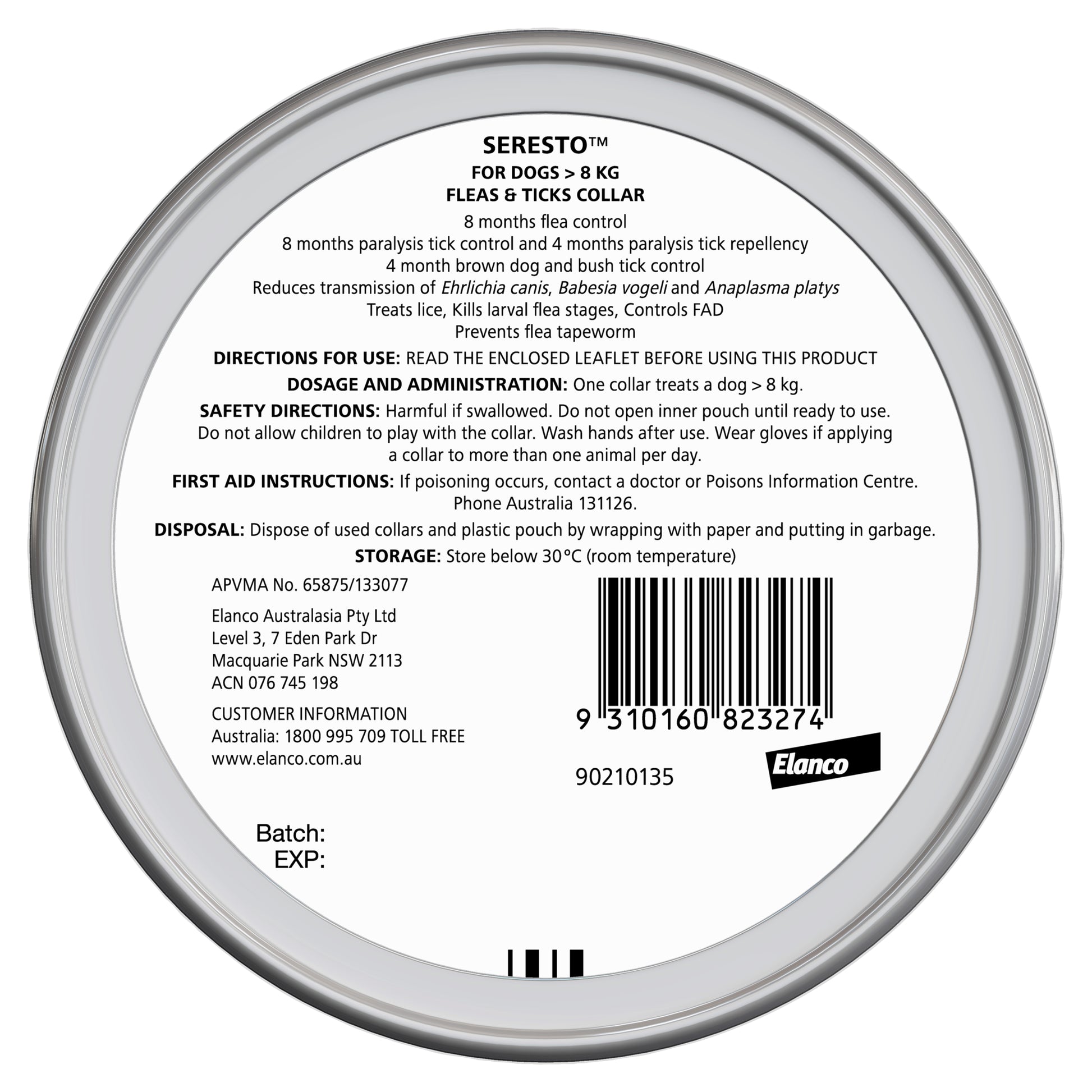 Seresto large dog flea and tick protection collar, back of packaging