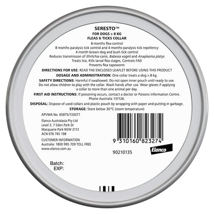 Seresto large dog flea and tick protection collar, back of packaging