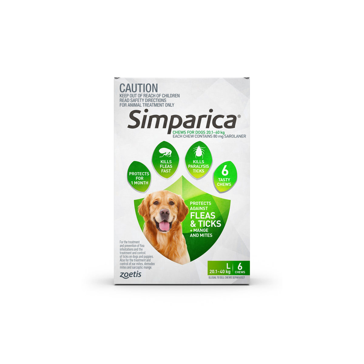Simparica chewables for large dogs 20.1-40kg (green box) with a golden retriever.