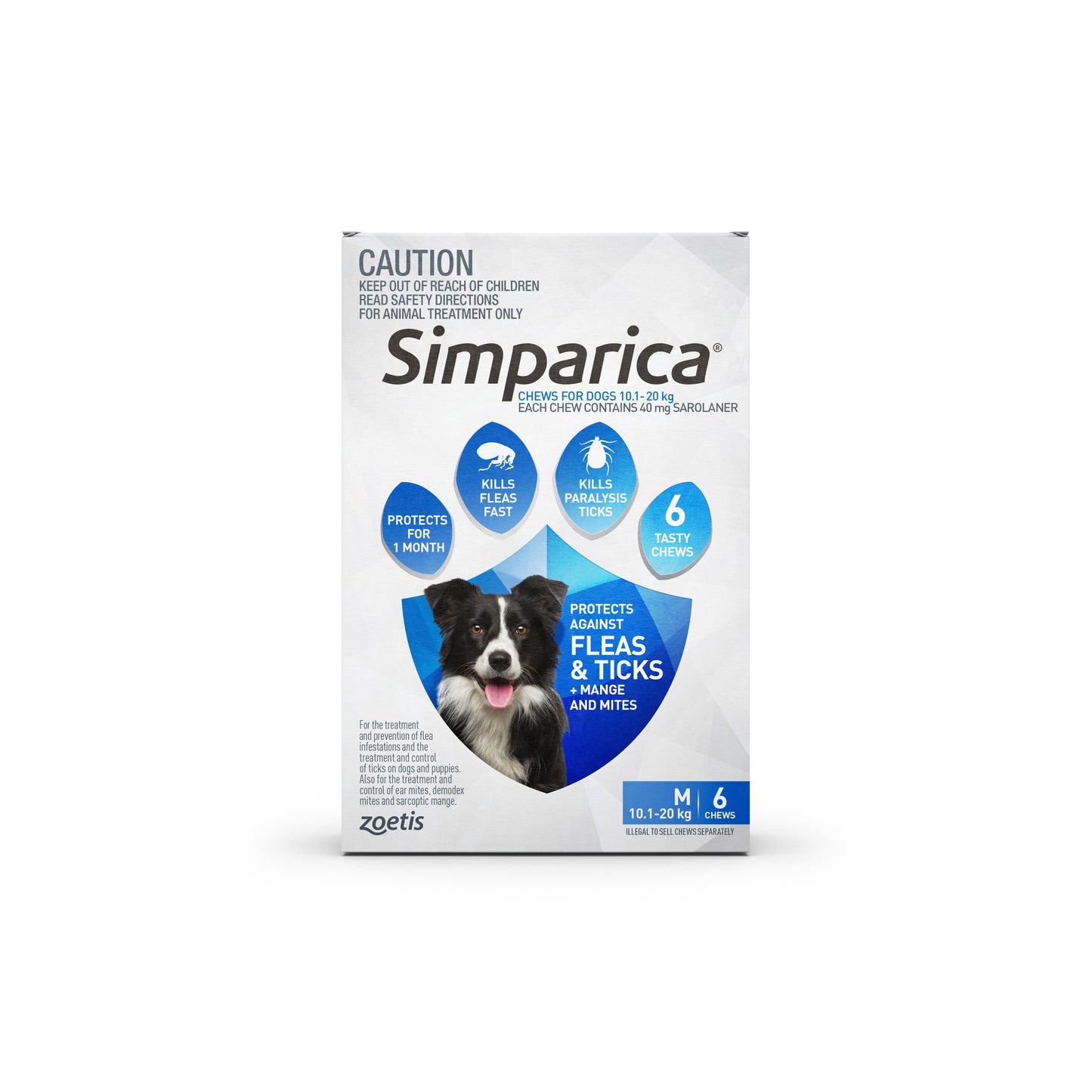 Simparica blue box for medium dogs 10.1-20 kg, 6 tasty chewables, protects against fleas, ticks, and mites.