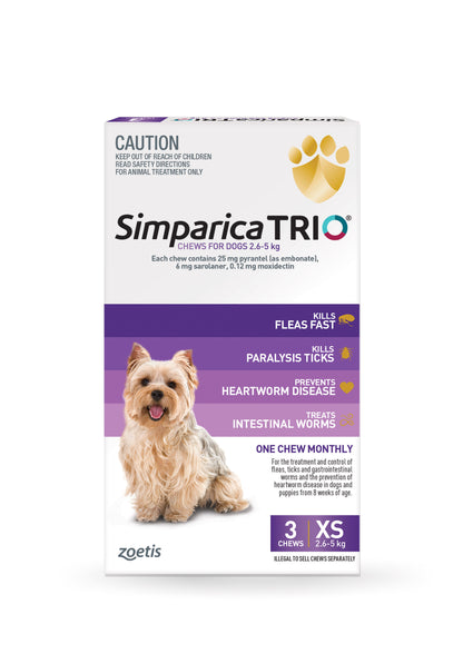 Simparica Trio Purple for Extra Small Dogs 5.6–11 lbs – front of box