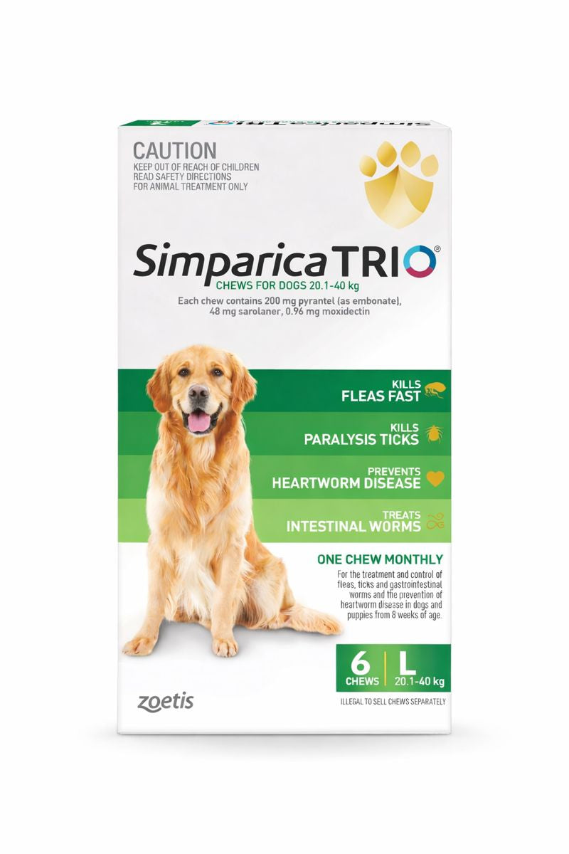 Simparica Trio 6-chew pack for large dogs (20.1-40kg) featuring a golden retriever on a green background.