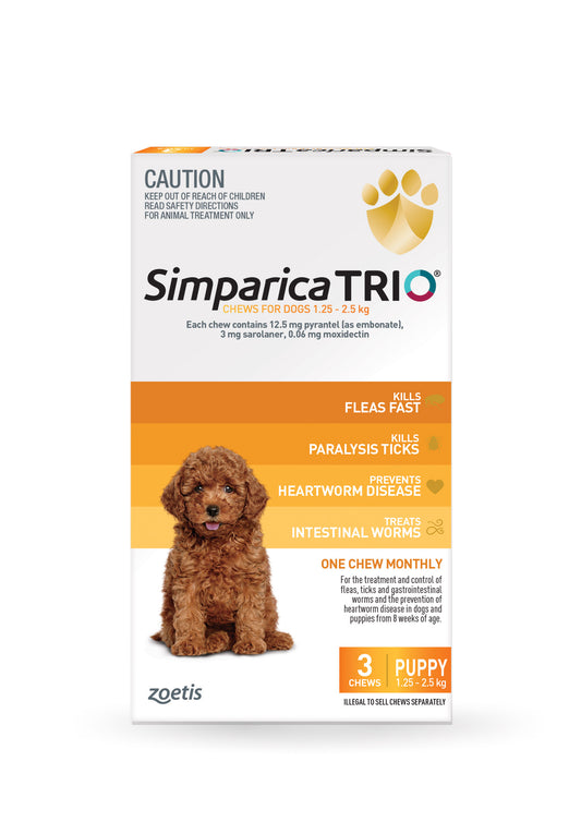 Simparica Trio Chewables for Puppies 2.8-5.5 lbs – flea tick heartworm monthly chewable