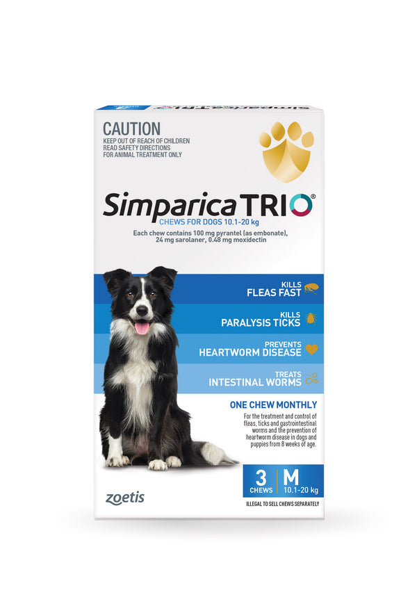 Simparica Trio Blue for Medium Dogs 22.1–44 lbs – front of box