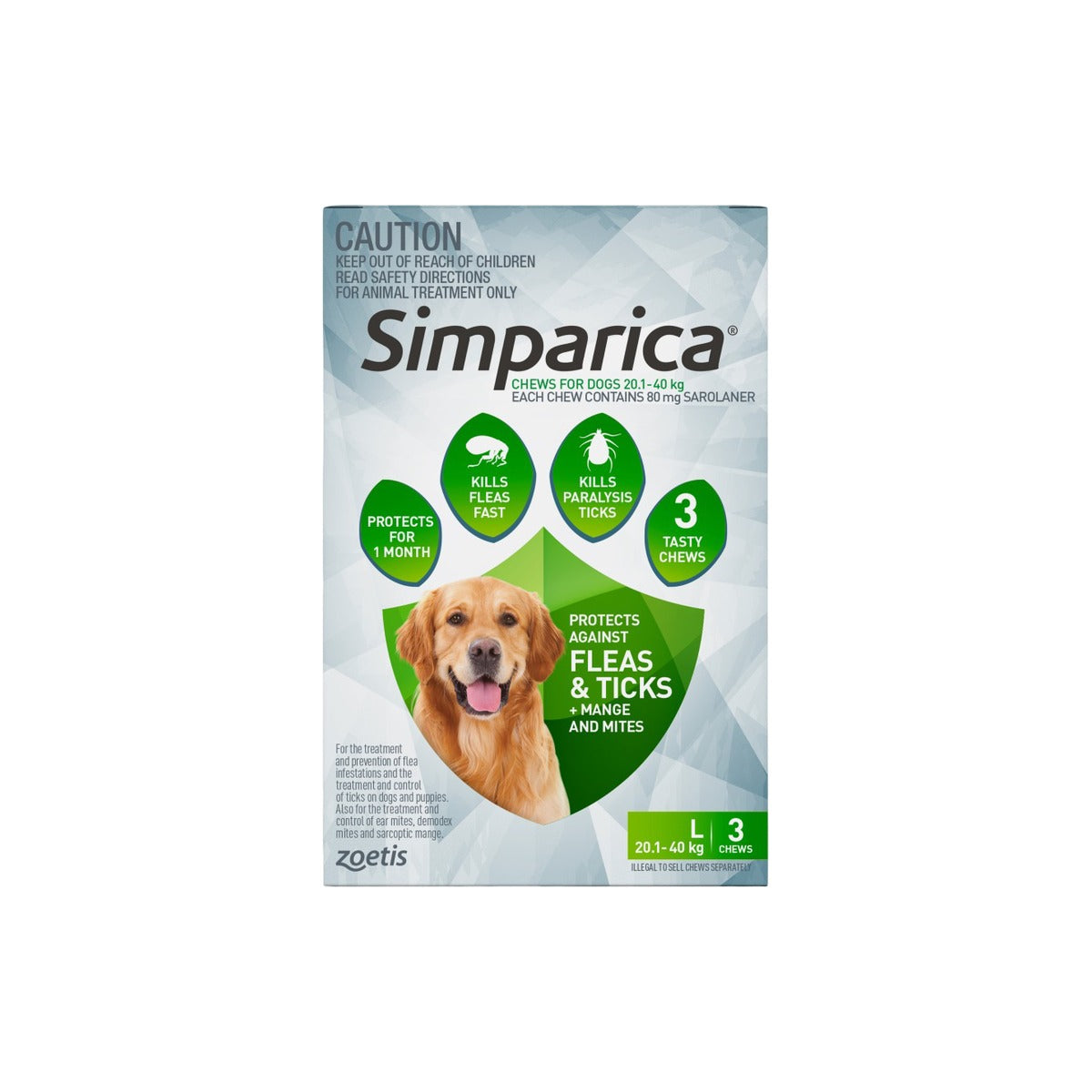 Simparica Chewables For Large Dogs 44.1-88lbs Green 3pk – front of pack – front of pack