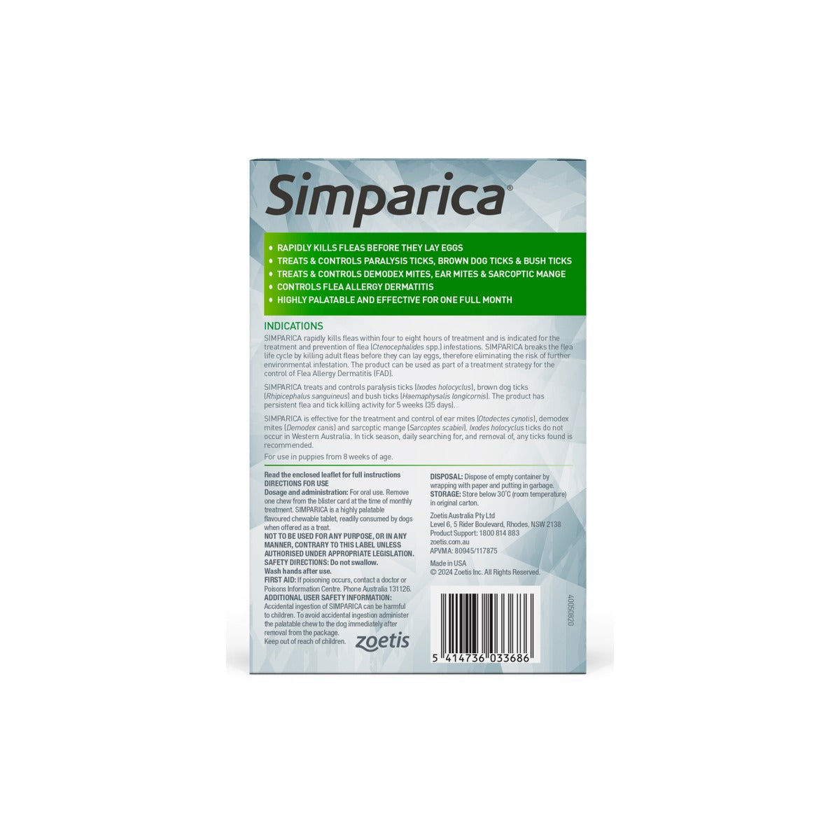 Simparica Chewables For Large Dogs 44.1-88lbs Green – back of pack – back of pack