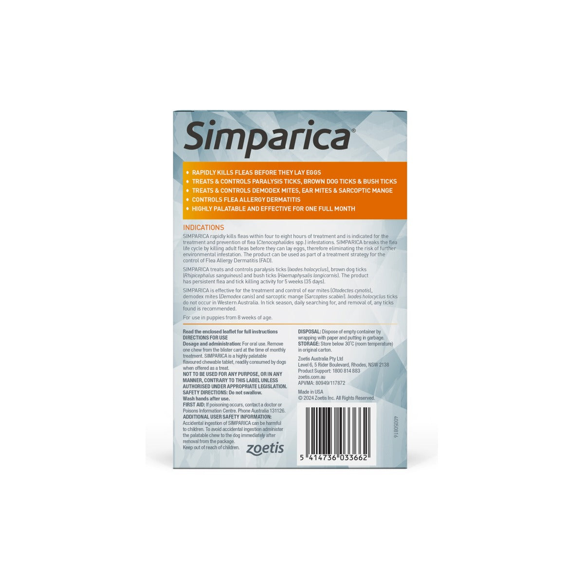 Simparica Chewables For Small Dogs 11.1-22lbs Orange – back of pack