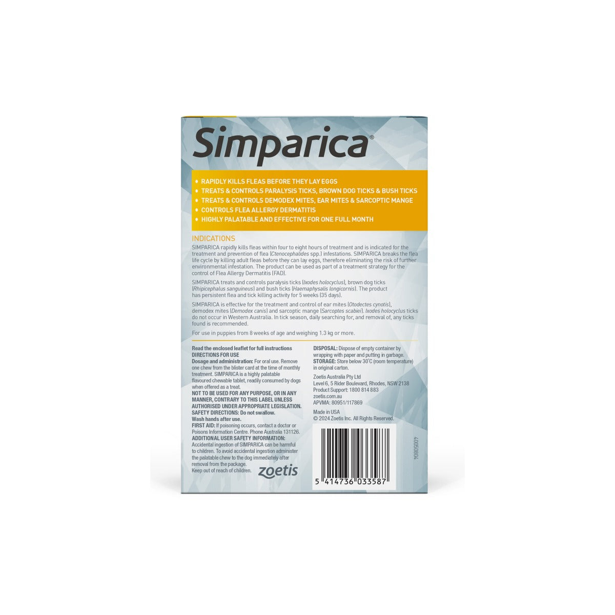 Simparica Puppies 1.3-2.5kg Yellow – back of pack – back of pack