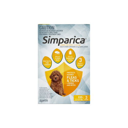 Simparica Puppies 1.3-2.5kg Yellow – front of pack – front of pack