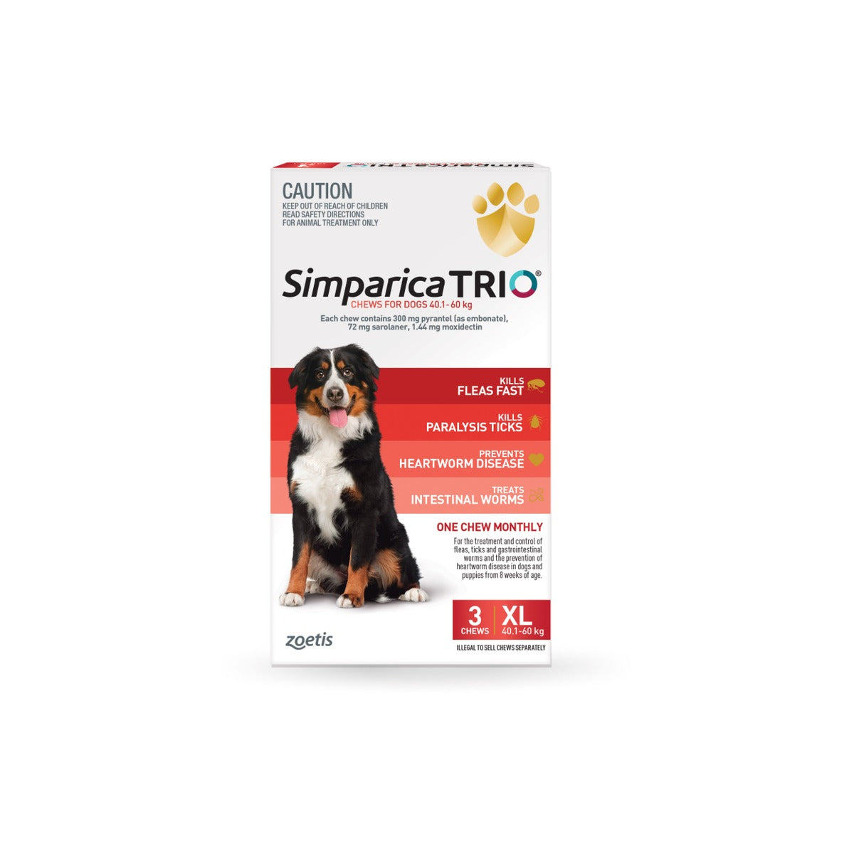 Simparica Trio Chewables For Extra Large Dogs 88.1-132lbs 40.1-60Kg Red 3 Chews – front of pack – front of pack