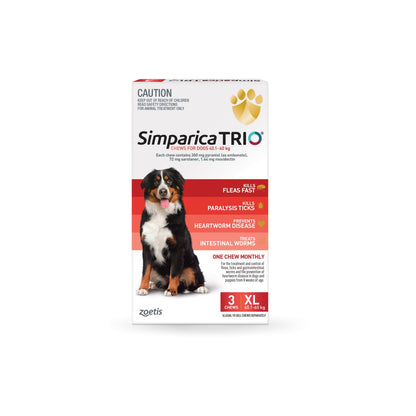 Simparica Trio Chewables For Extra Large Dogs 88.1-132lbs 40.1-60Kg Red 3 Chews – front of pack – front of pack