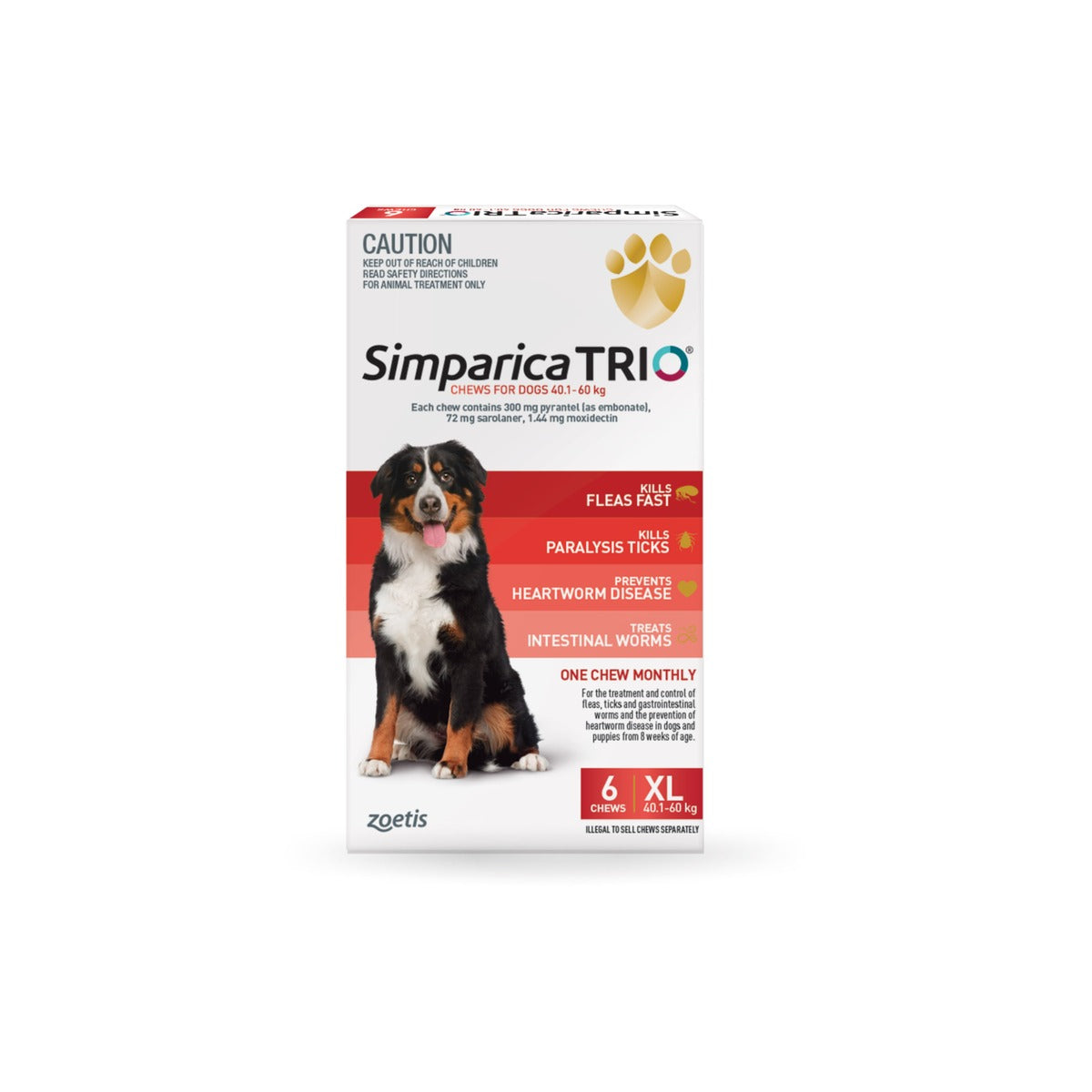 Simparica Trio Chewables For Extra Large Dogs 88.1-132lbs 40.1-60Kg Red 6 Chews – front of pack – front of pack