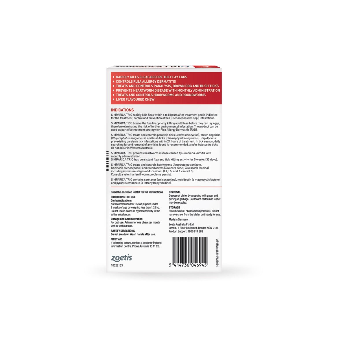 Simparica Trio Chewables For Extra Large Dogs 88.1-132lbs 40.1-60Kg Red – back of pack – back of pack