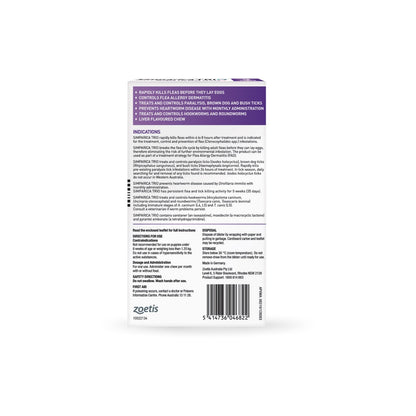 Simparica Trio Chewables For Extra Small Dogs 5.6-11lbs 2.6-5Kg Purple – back of pack – back of pack