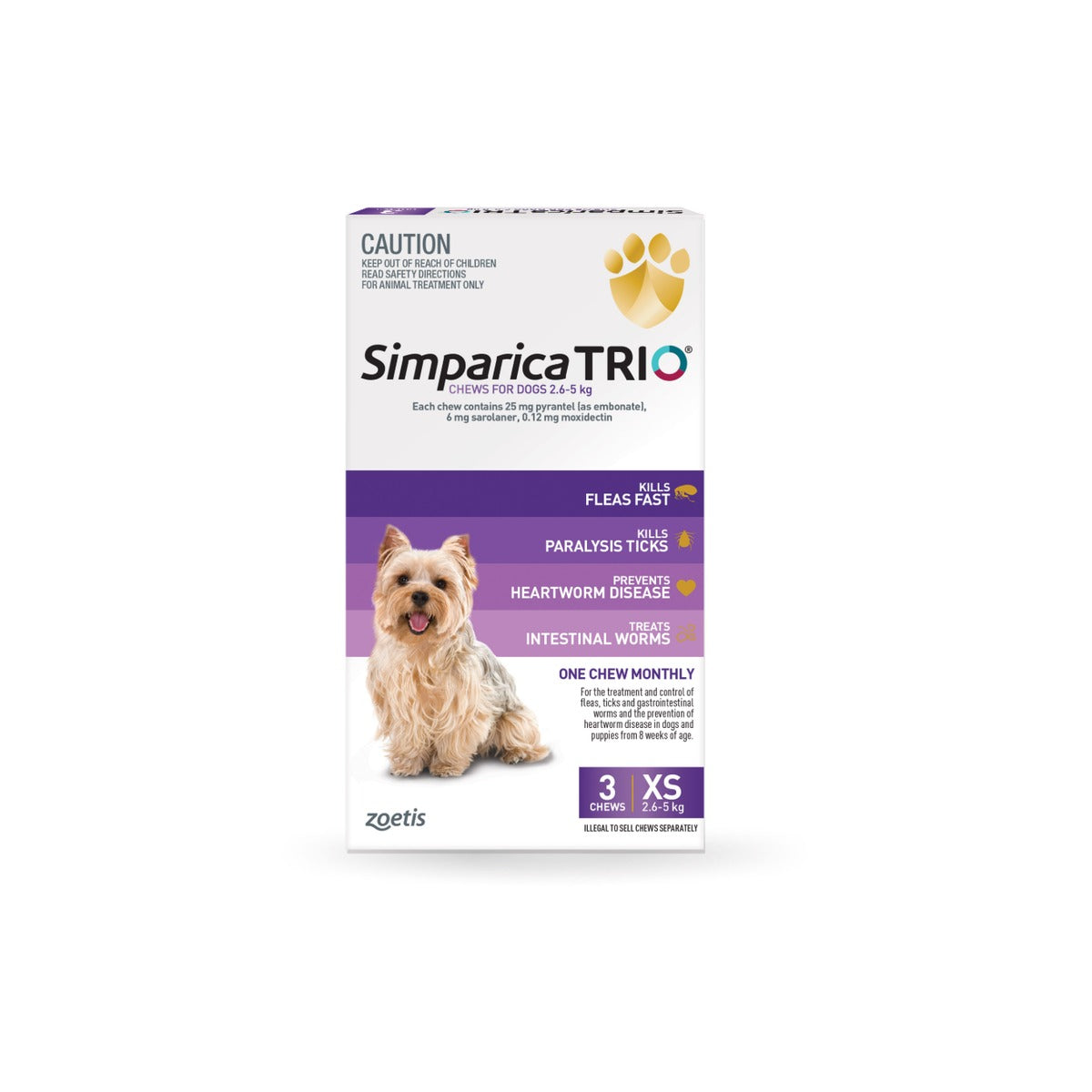 Simparica Trio Chewables For Extra Small Dogs 5.6-11lbs 2.6-5Kg Purple – front of pack – front of pack