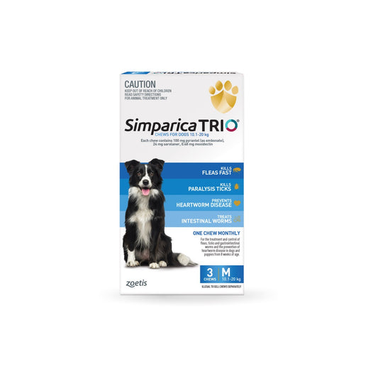 Simparica Trio Chewables For Medium Dogs 22.1-44lbs 10.1-20Kg Blue 3 Chews – front of pack – front of pack