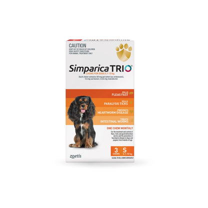 Simparica Trio Chewables For Small Dogs 11.1-22lbs 5.1-10Kg Orange 3 Chews – front of pack – front of pack