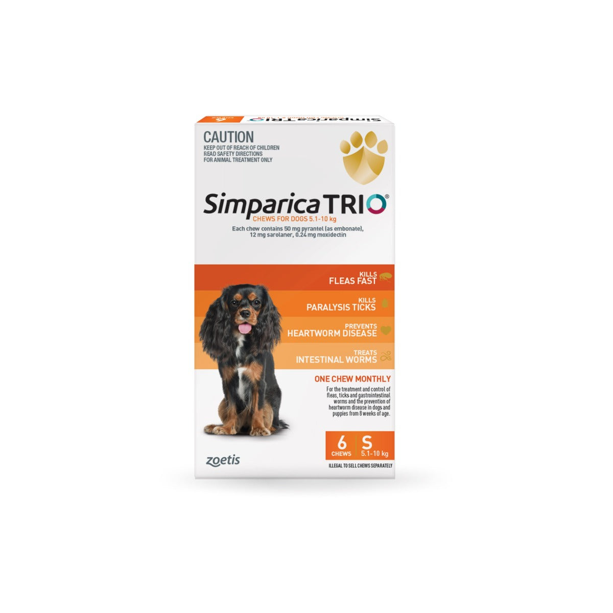 Simparica Trio Chewables For Small Dogs 11.1-22lbs 5.1-10Kg Orange 6 Chews – front of pack – front of pack