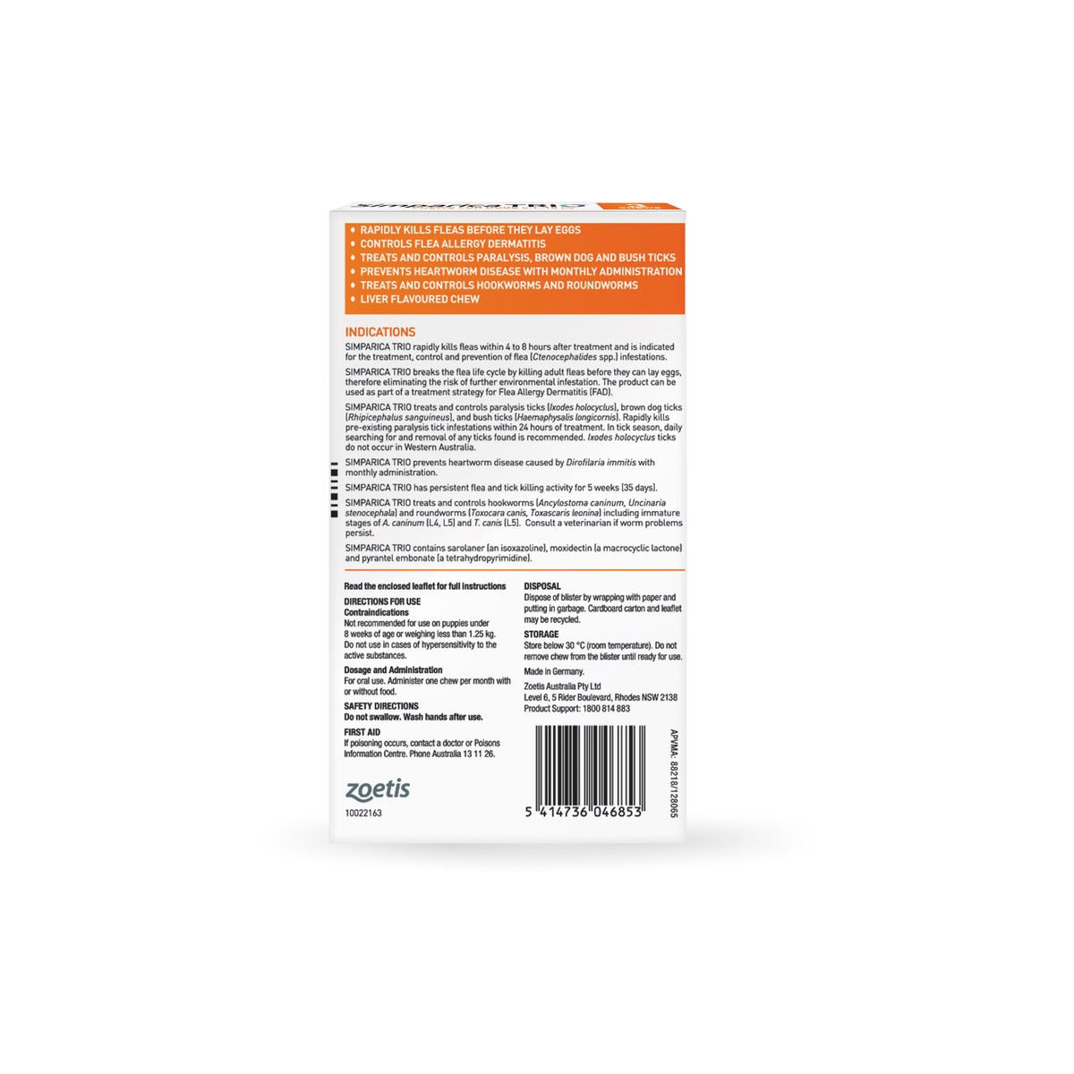 Simparica Trio Chewables For Small Dogs 11.1-22lbs 5.1-10Kg Orange – back of pack – back of pack