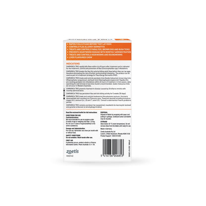 Simparica Trio Chewables For Small Dogs 11.1-22lbs 5.1-10Kg Orange – back of pack – back of pack