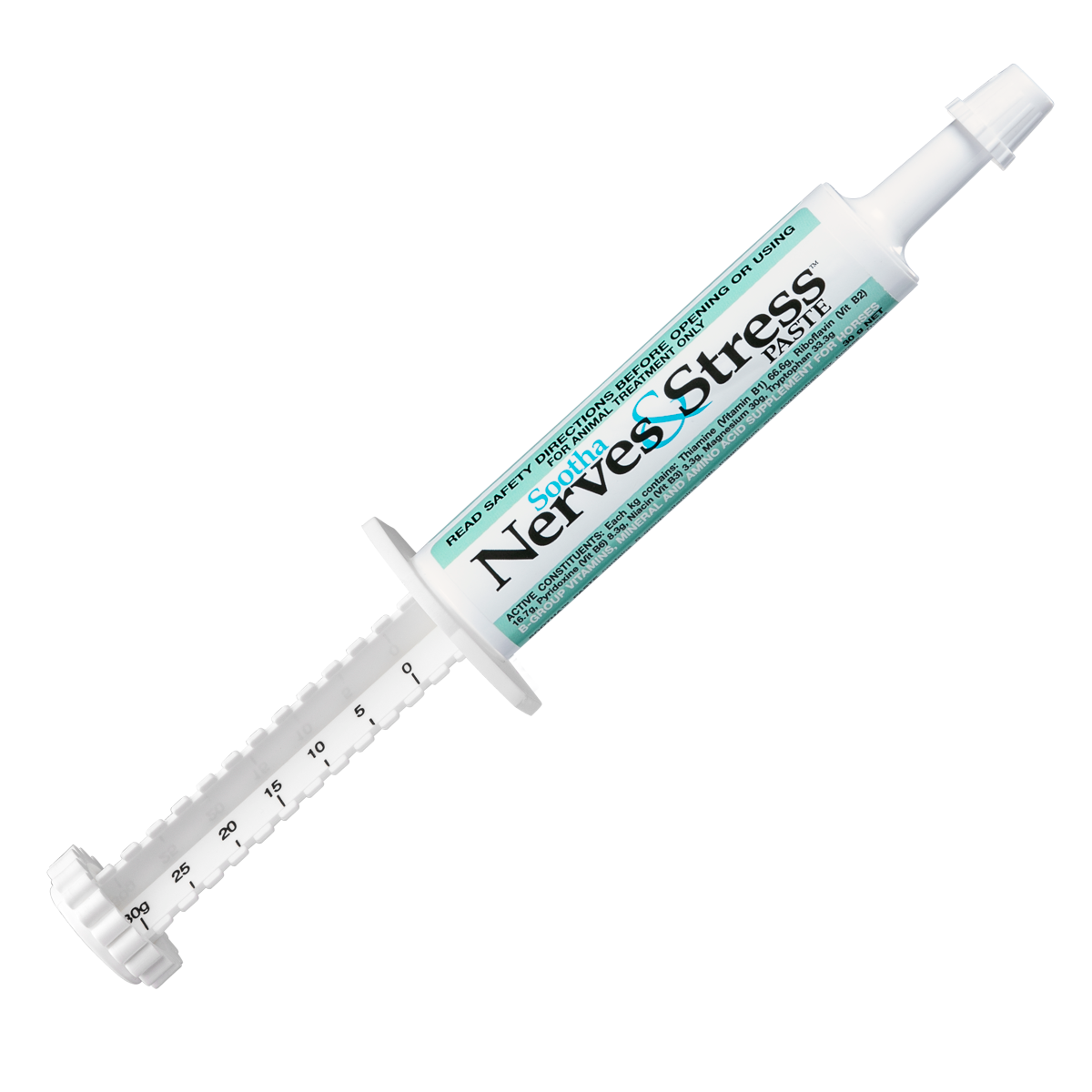 White 30g Sootha Nerves & Stress paste syringe with green and black text.