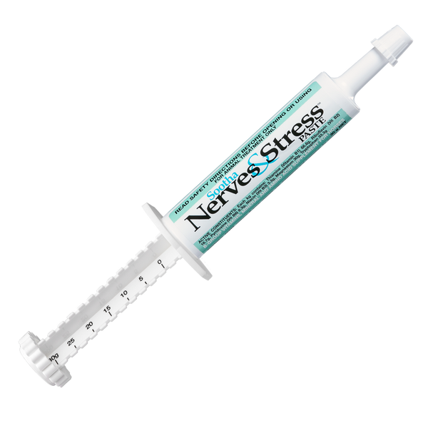 White 30g Sootha Nerves & Stress paste syringe with green and black text.