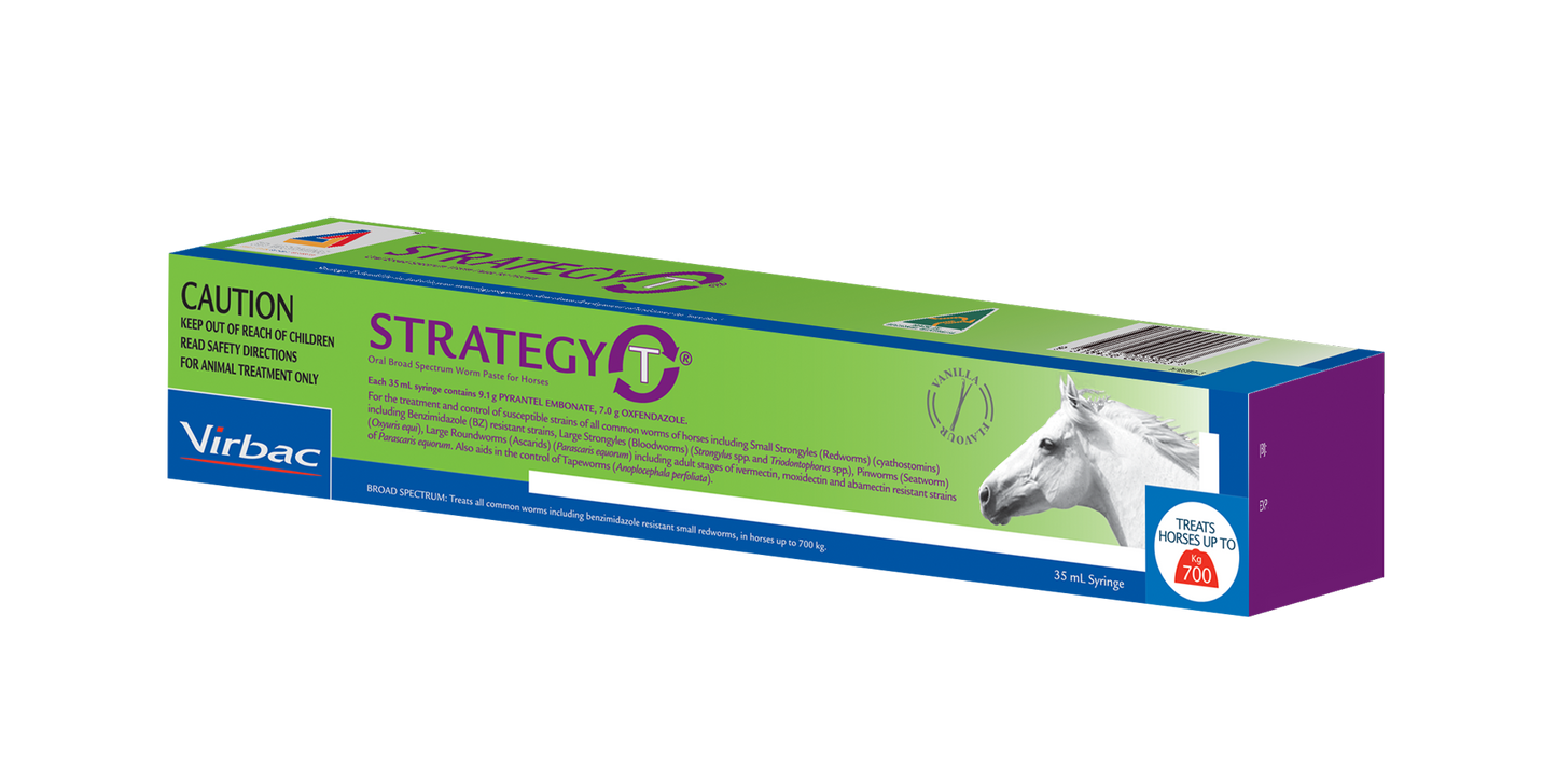 Virbac Strategy-T broad-spectrum horse wormer paste in a green and blue box with a white horse.