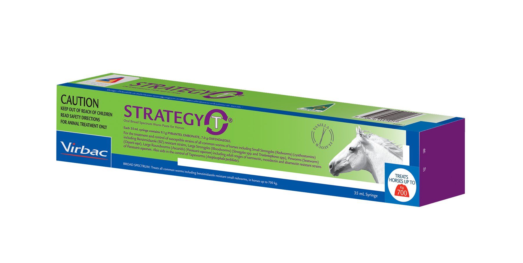 Virbac Strategy-T broad-spectrum horse wormer paste in a green and blue box with a white horse.