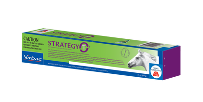 Virbac Strategy-T broad-spectrum horse wormer paste in a green and blue box with a white horse.