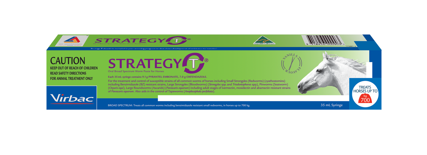 Virbac Strategy-T horse wormer paste in a green and blue box with a white horse graphic.